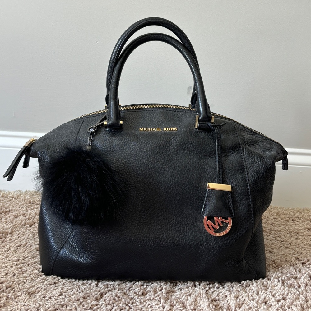 Michael Kors Black Purse with Pom, Strap, & matching wallet + black coach wallet
